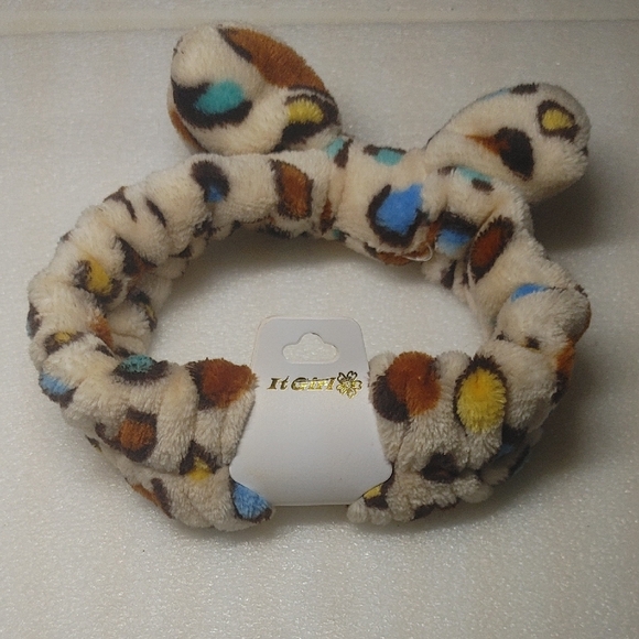 it girl Other - Plush Ear Headband - Cream with Blue, Brown & Yellow Spots